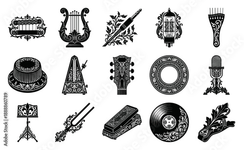 Baroque Woodcut Style Musical Equipment Element Kit for Ornamental Studio and Vintage Sound Design Assets