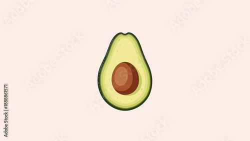 Single halved ripe avocado showing the large brown pit in the center against a minimalist soft pink background in a flat vector style.