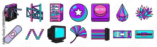 Retro Futurism Cyberpunk Pop Art Element Kit for Y2K Tech Aesthetic and Digital Design