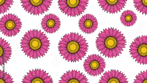 Beautiful seamless pattern featuring hand-drawn pink daisy flowers with vibrant yellow centers isolated on a white background for textiles.