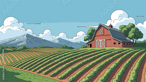 Beautiful farm landscape featuring a large red barn and rows of green crops under a blue sky with fluffy clouds and distant mountains.