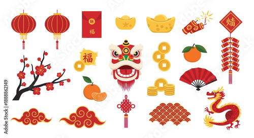Chinese New Year Icons: Lanterns, Dragon, Lion Dance, Coins, Red Envelope, Firecrackers
