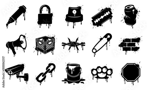 Gritty Graffiti Stencil Urban Underground Elements Kit for Street Culture and Punk Aesthetic Graphic Design