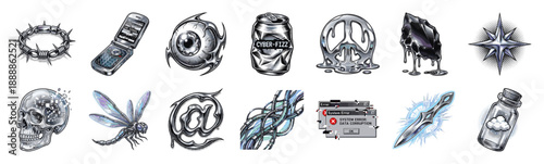 Chrome Cyberpunk Y2K Engraving Asset Sheet for Grungy Streetwear and Techwear Graphic Design