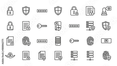 Computer security and cybersecurity icons collection featuring server protection database encryption cloud safety and secure identity access symbols