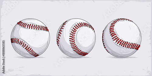 Three realistic baseballs shown from different angles with red stitched seams, classic leather sports ball for baseball game or league design