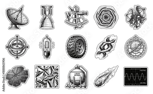 Vintage Engraving Style Aerospace Exploration Element Kit for Scientific Research and Space Mission Branding