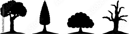 Hand drawn tree silhouette icon set. Including four different tree in black color, for nature concept, graphic design, logo, and landscape. Vector illustration.