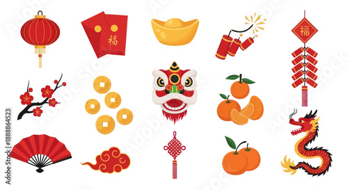 Chinese New Year Symbols Collection - Red Lantern, Dragon, Lion Dance, Firecrackers