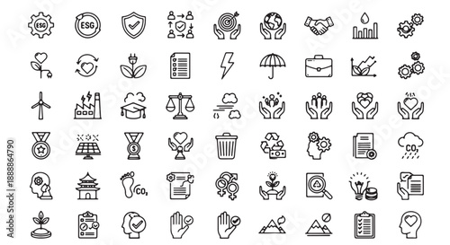 Collection of diverse outline icons representing ecology business and technology concepts ideal for web design infographics and presentations