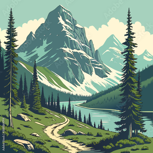 Serene mountain lake trail