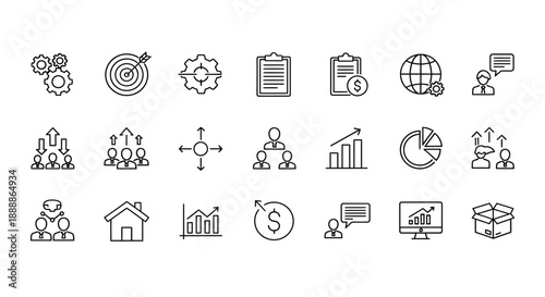 A collection of diverse business and technology icons representing concepts like strategy growth and global connection