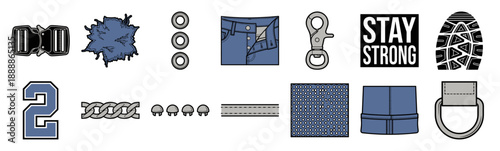 Flat Vector Denim Apparel Accessories and Workwear Construction Element Kit for Streetwear Branding