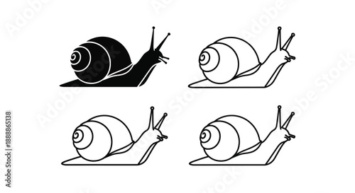 Four black and white line art illustrations of snails crawling
