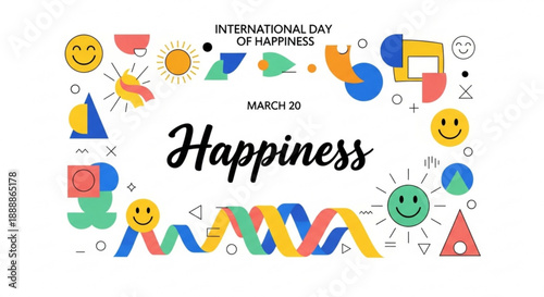 Vibrant international day of happiness graphic with smiley faces and colorful shapes on white background