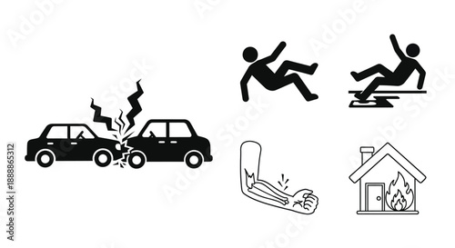 Black and white icons depicting car crash falling person and building fire