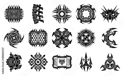 Neo-Tribal Cyberpunk Sigils and Biomechanical Totem Element Kit for Futuristic Interface Design