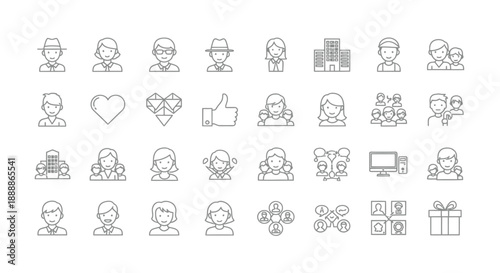 A collection of minimalist line icons depicting people families emotions and various lifestyle elements