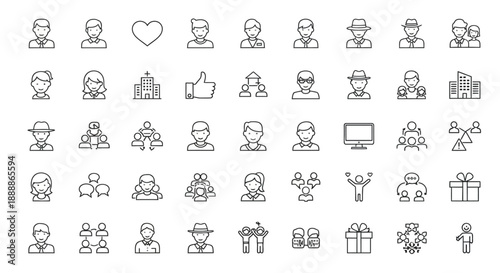 A collection of simple black and white line icons depicting people objects and symbols arranged in a grid pattern