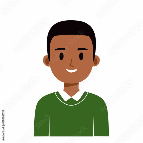 Smiling individual with dark complexion and short hair wearing a green garment and a white collar against a plain white backdrop portrait style