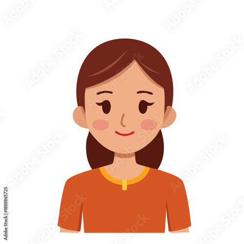 Woman with brown hair and orange shirt smiling A simplified drawing of an adult female with a cheerful facial expression Isolated on white