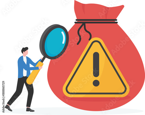 Asset Audit Concept with Professional Using Magnifying Glass to Inspect Warning Sign in Money Bag