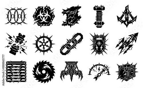 Blackwork Brutalist Industrial Hazard Graphics and Cyberpunk Mechanical Element Asset Sheet for Dark Scifi Gaming