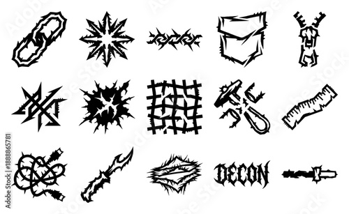 Aggressive Y2K Cybercore Tribal Element Kit for Streetwear Design and Alternative Underground Graphic Assets