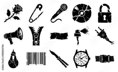 Grungy Distorted Punk Rock Icons Element Kit for Underground Streetwear Design and Distressed Graphics