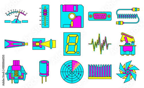 Retro Cyberpunk Flat Vector Electronic Components Graphic Set for Vintage Tech Engineering and Synthwave Aesthetics