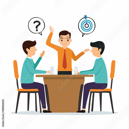 Team members discuss ideas for a collaborative project with a central figure leading the discussion and brainstorming new concepts during the meeting