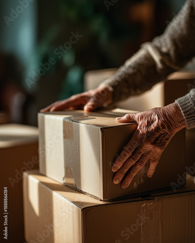 senior hands resting on stacked cardboard moving boxes in warm sunlight symbolizing relocation retirement downsizing and life change