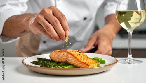 Chef garnishing a delicious salmon fillet with herbs, served with asparagus