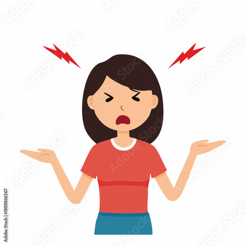 Upset Woman with Raised Arms Showing Frustration with Red Energy Symbols Above Head Depicting Anger and Annoyance Isolated