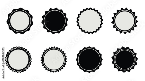 Black and white badge shapes set. Empty seal label icons. Vintage award sticker frames. Circular emblem designs. Vector illustration 
