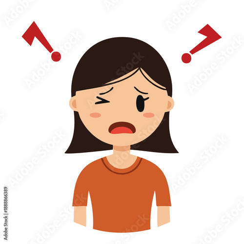 Concerned Woman Portrait with Red Exclamation Marks Above Head Depiction of Emotional Stress Anxiety and Unhappiness Shown in Cartoon Style