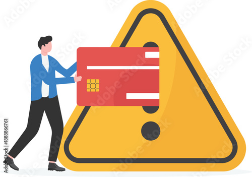 Digital Payment Security Alert with Professional Attaching Credit Card to Warning Sign