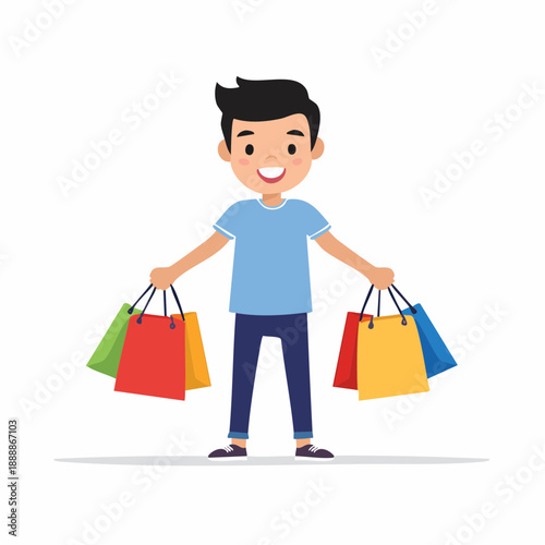 Happy person joyfully holding various shopping bags representing consumerism and retail purchases purchasing goods products and merchandise