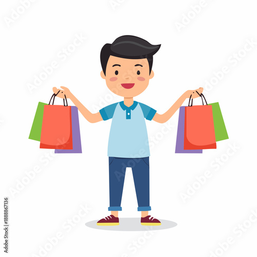 Joyful young male carrying shopping bags with purchased items smiling with happiness and representing retail consumerism and lifestyle