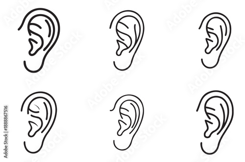 Ear Line Art Icons, Editable Stroke Outline Vector Illustration Set