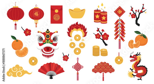 Chinese New Year Icons: Dragon, Lanterns, Firecrackers, Oranges, Red Envelope, Fan