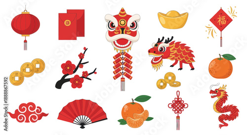 Chinese New Year Symbols Collection: Dragon, Lantern, Fortune, Firecrackers, Lucky Charms