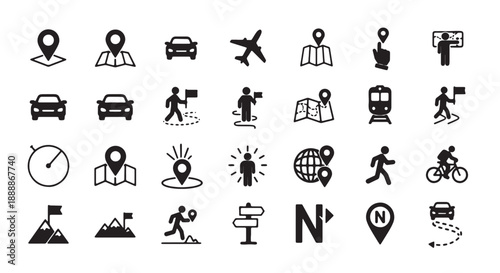 Collection of travel and navigation icons including maps transportation and location markers perfect for app design and web elements