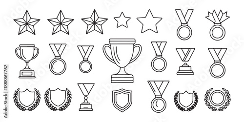 Winner award line icons featuring trophy cups medals stars shields and laurel wreaths for competition design