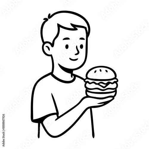 Dibujo sencillo con líneas de niño con una hamburguesa con queso en la mano