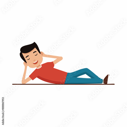 Resting individual with dark hair wearing red top and blue pants reclining with eyes closed on plain surface isolated against white background