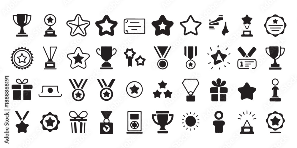 Fototapeta premium Business success and achievement solid icons set including trophies stars medals and rewards for competition