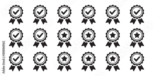 Award ribbon badge with checkmark and star icons set for quality guarantee certification business and success