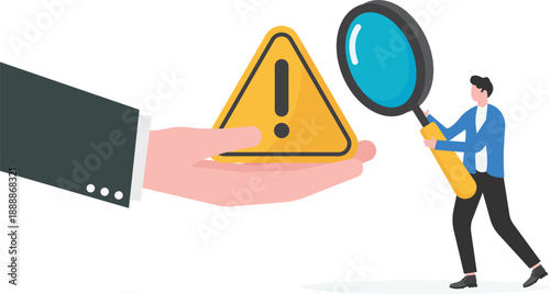 Asset Investigation Concept with Professional Using Magnifying Glass to Inspect Warning Sign