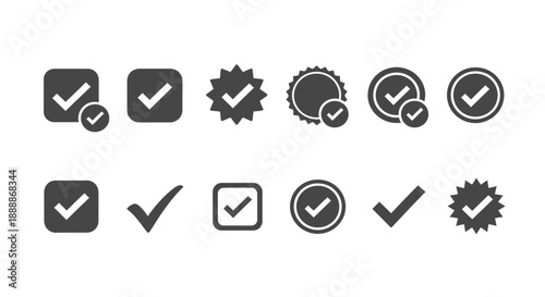 A collection of various black checkmark and star icons displayed in a simple flat design on a white background